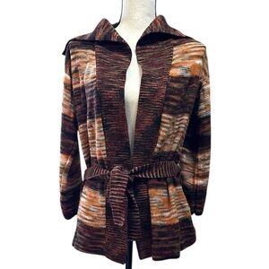 Vintage 1970s Corliss Belted Knit Cardigan | Earth Tone Stripe Boho Sweater | M